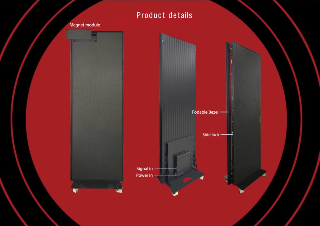 SP LED poster cabinet showing foldable bezel, side lock and power connections