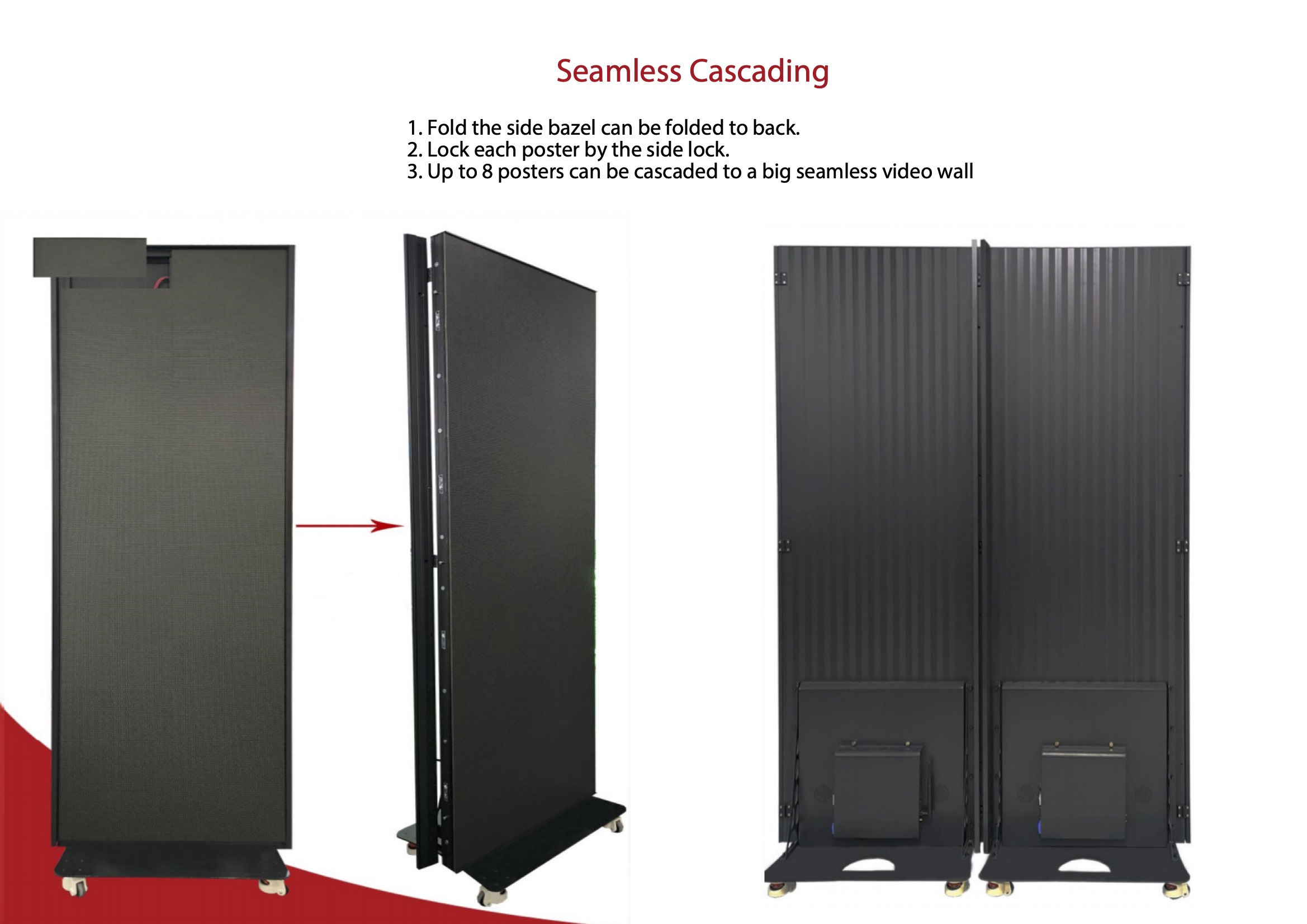 SP LED posters with foldable side bezels and side locks for a connected display
