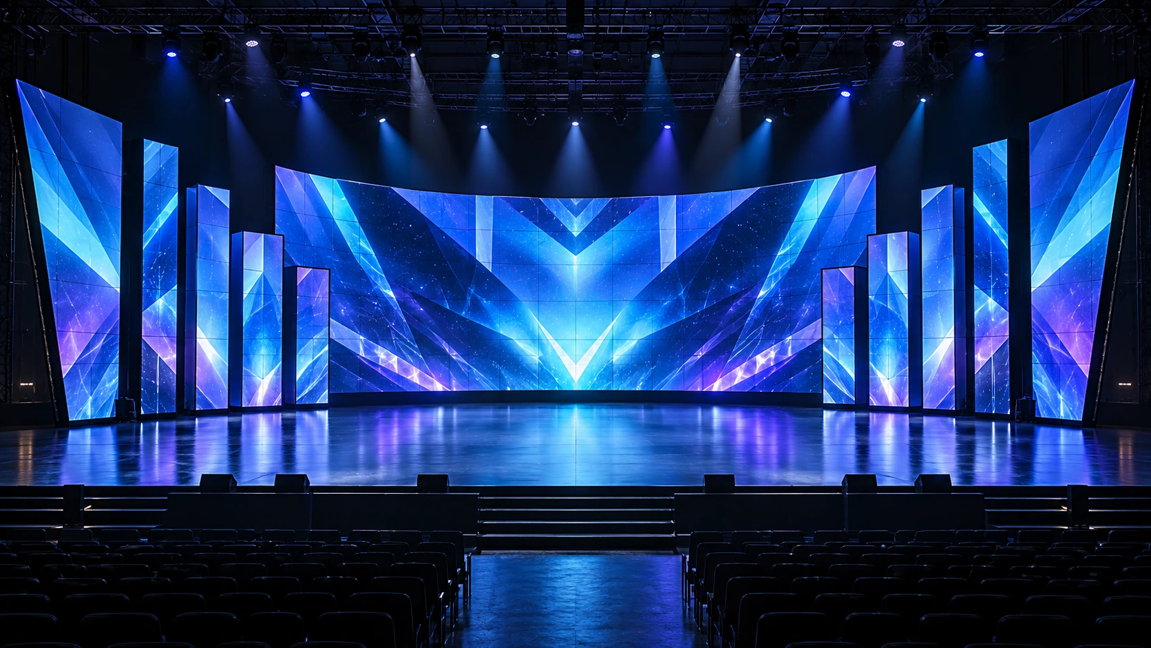 Creative indoor LED stage layout concept with curved backdrop and stepped side screens