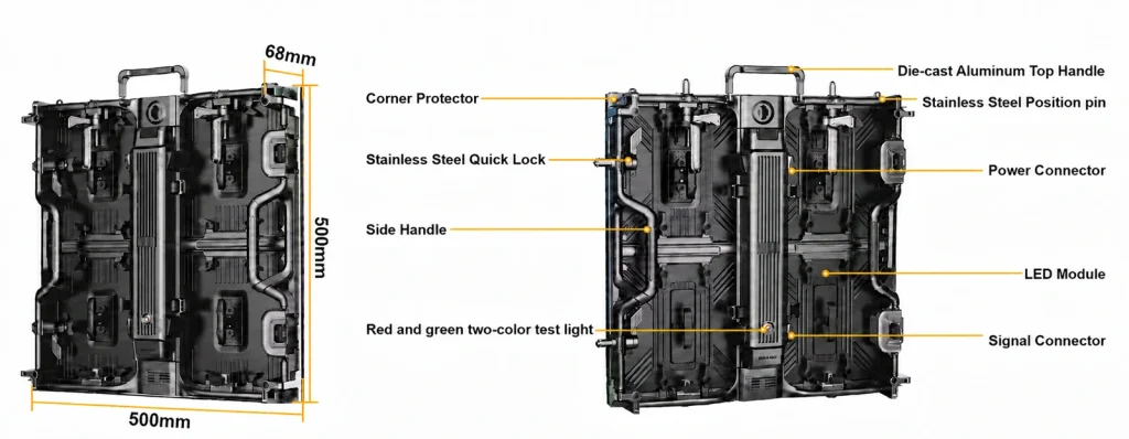 RS Series 500 by 500 mm rental LED cabinet with handles, locks and connectors