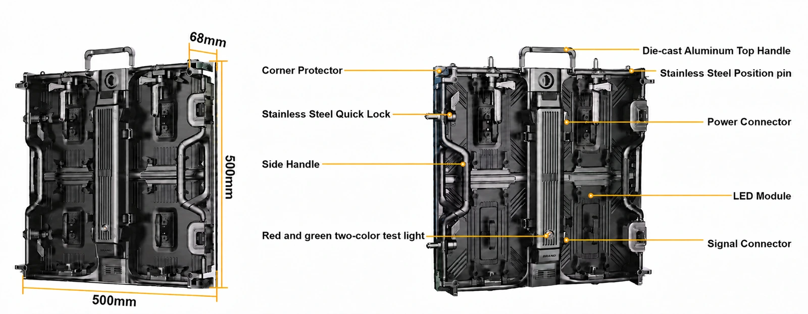 RS Series 500 by 500 mm rental LED cabinet with handles, locks and connectors