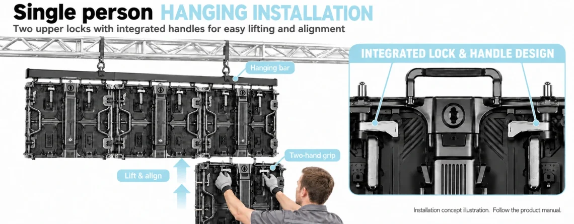 RS Series single-person LED cabinet installation concept with integrated upper grips and locks