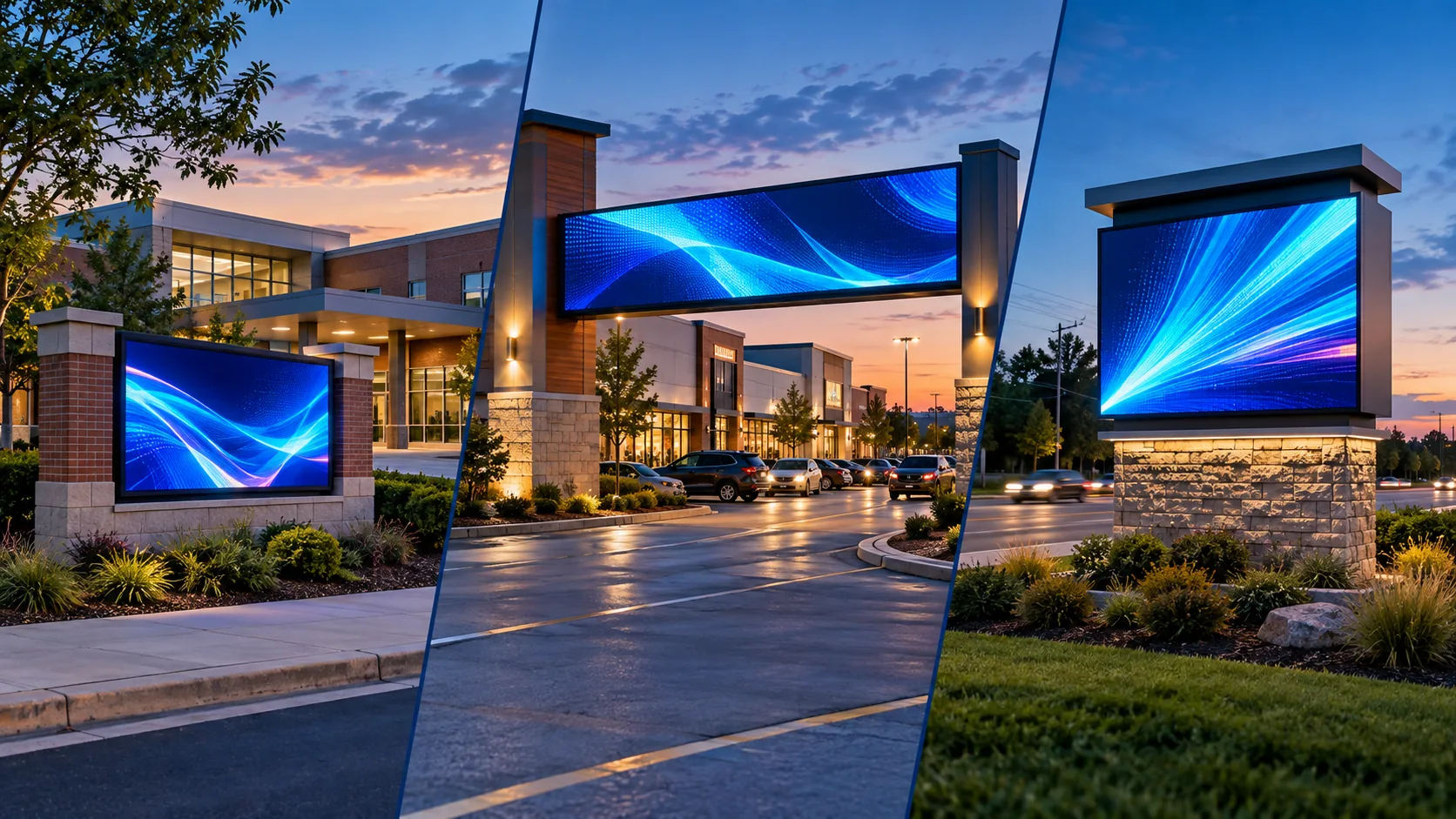 Illustrative concepts for LED signs at a school, shopping center and roadside entrance